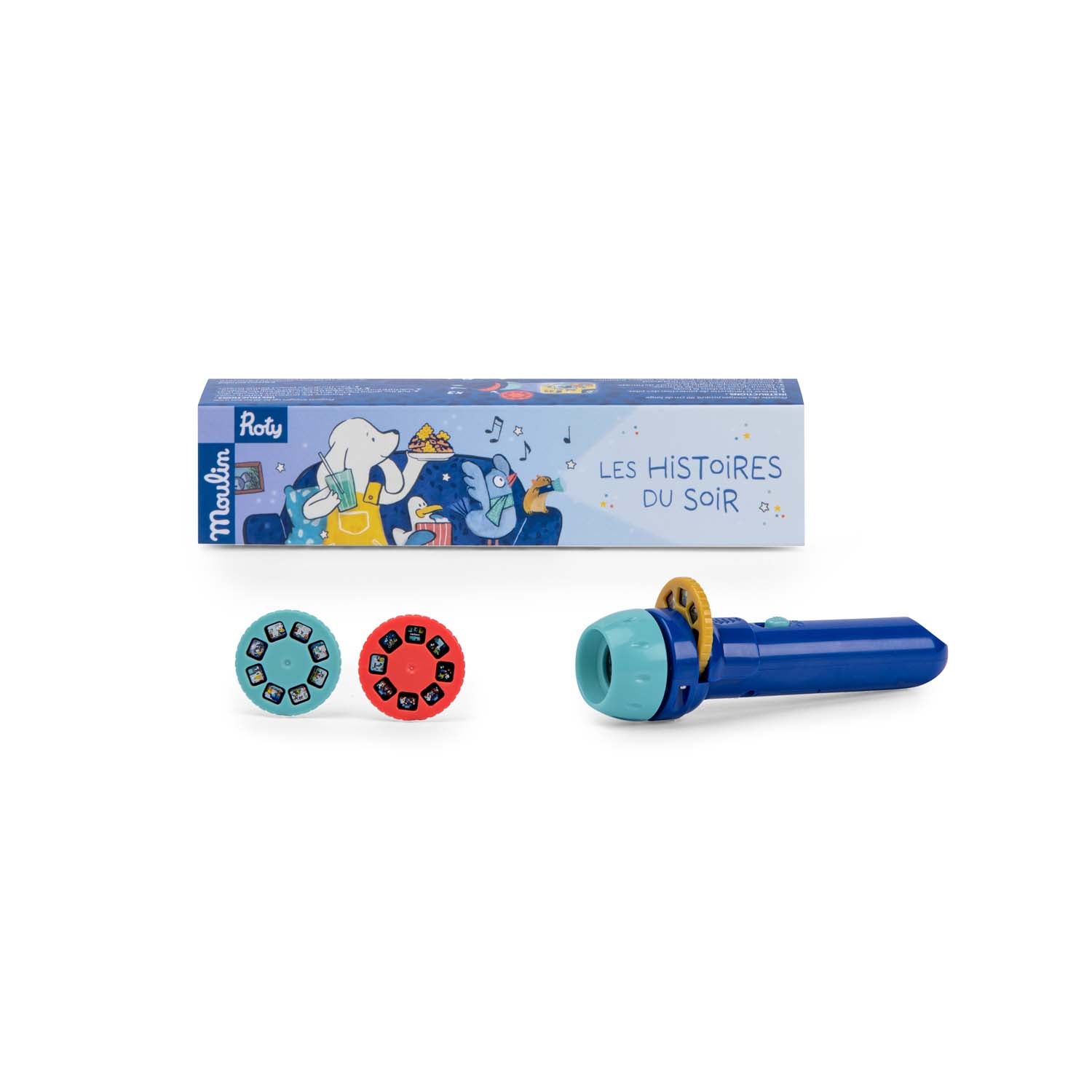 Toy flashlight and viewer set with packaging on a white background