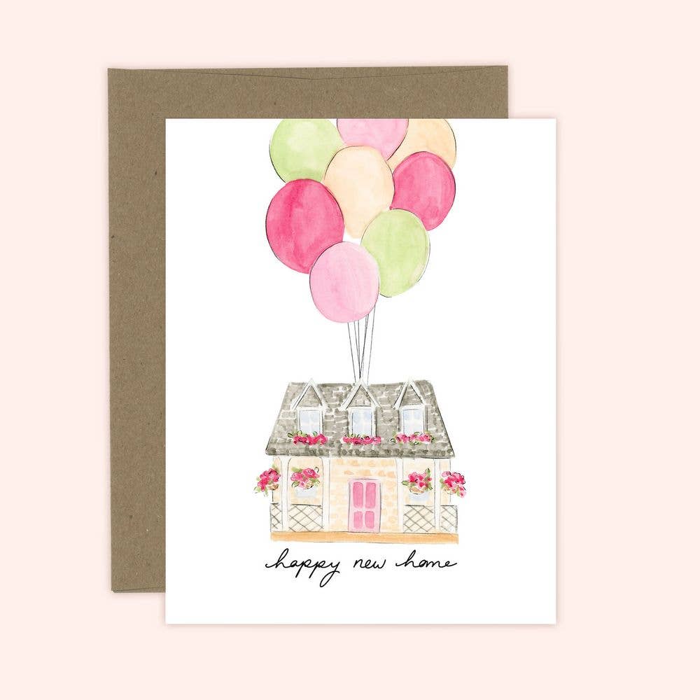 Greeting card with a house illustration and balloons on a light pink background