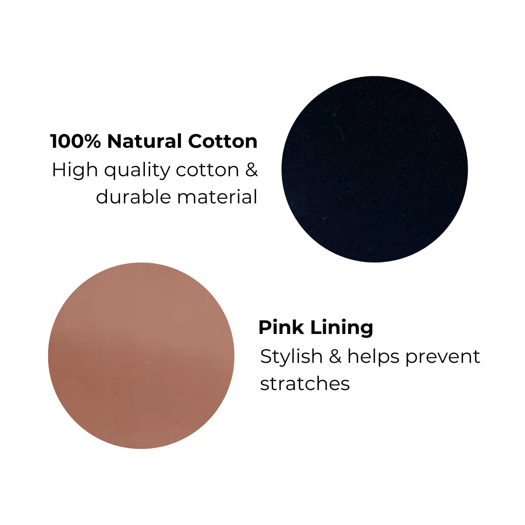 Text and color swatches describing 100% natural cotton material and pink lining on a white background.