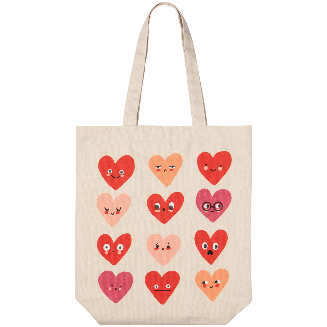 Tote bag with colorful heart designs on a white background