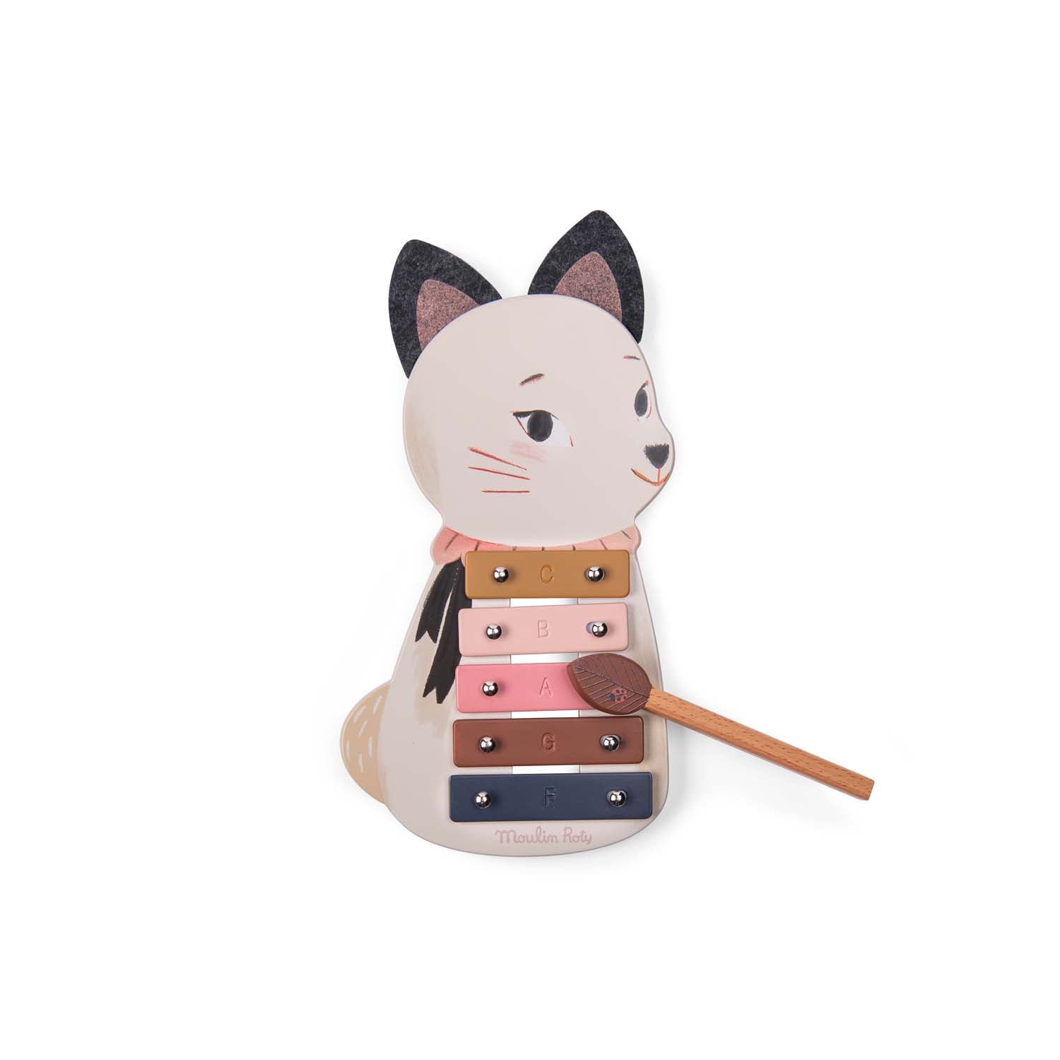Cat-shaped wooden xylophone toy on a white background