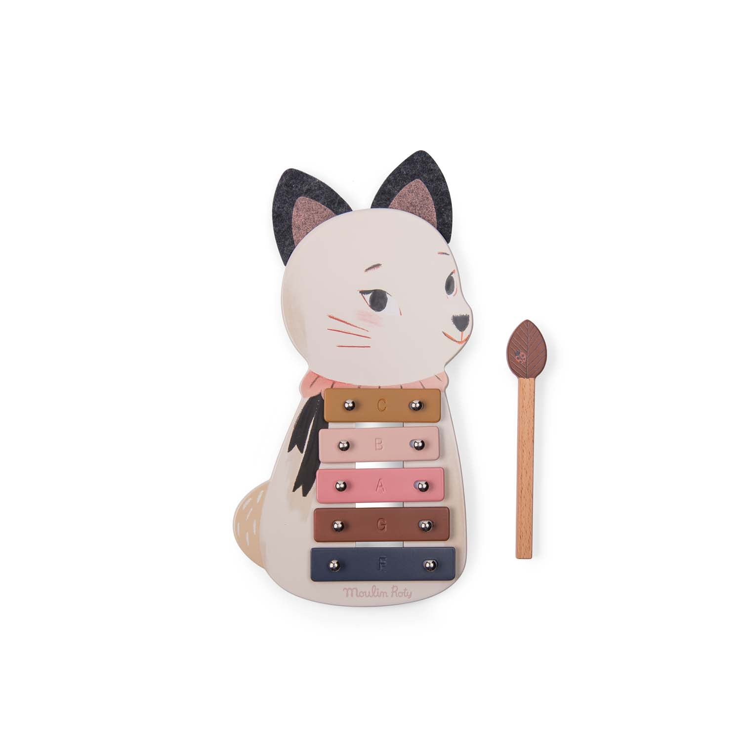 Cat-shaped wooden xylophone with a stick on a white background