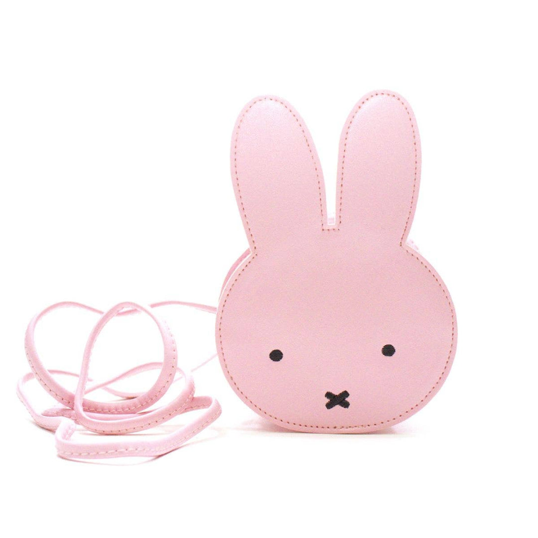Pink bunny-shaped pouch with a strap on a white background