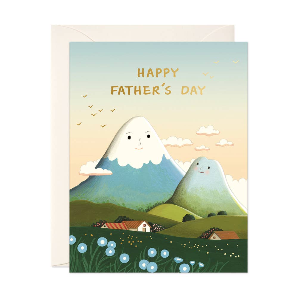 Father's Day card with mountains and a cloud, featuring 'Happy Father's Day' text.