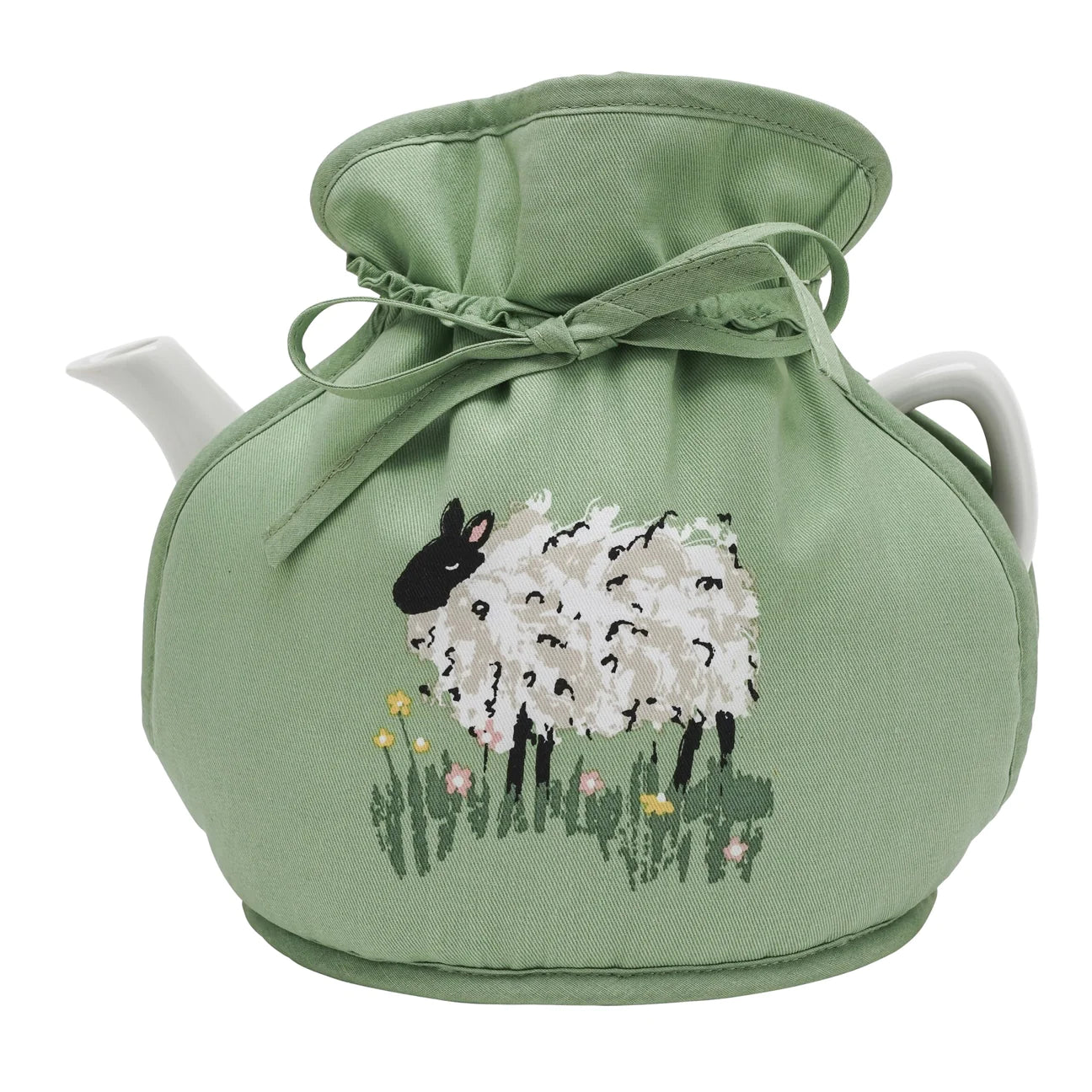 A green tea cosy with an illustration of a sheepin bright meadow flowers.