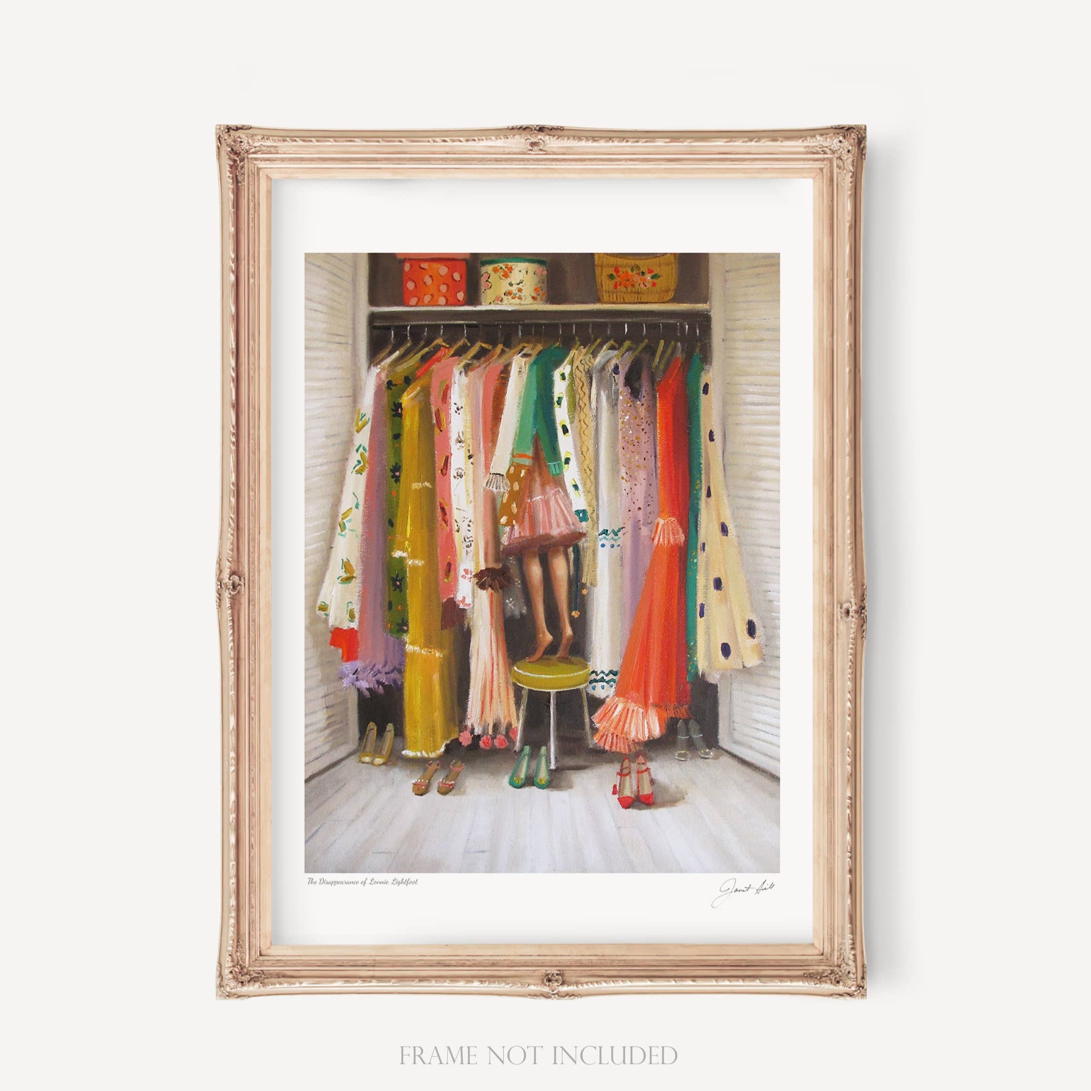 A framed art print featuring a colorful illustration of a person standing in a closet with various clothes hanging on the racks. The frame is white, and the art print is signed by the artist.