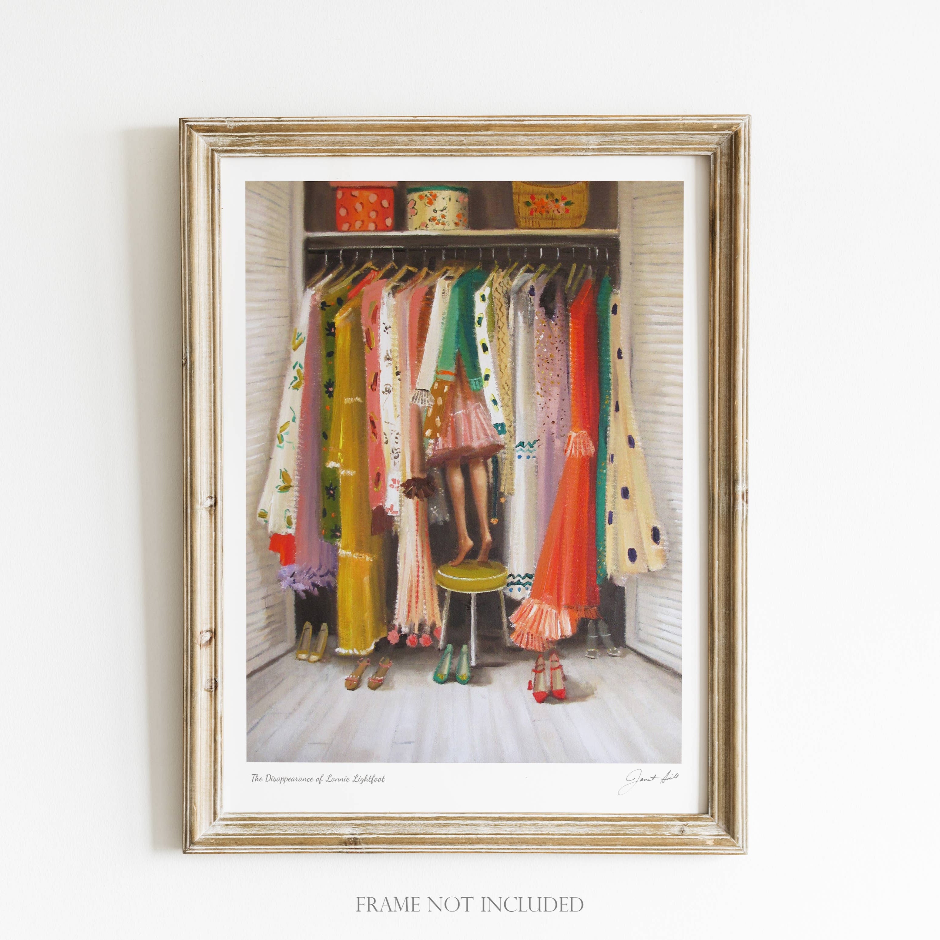 A framed art print featuring a whimsical scene with a chair and a person surrounded by hanging dresses in a colorful wardrobe, with a textual note stating 'Frame not included'. The artwork is signed and titled by the artist.