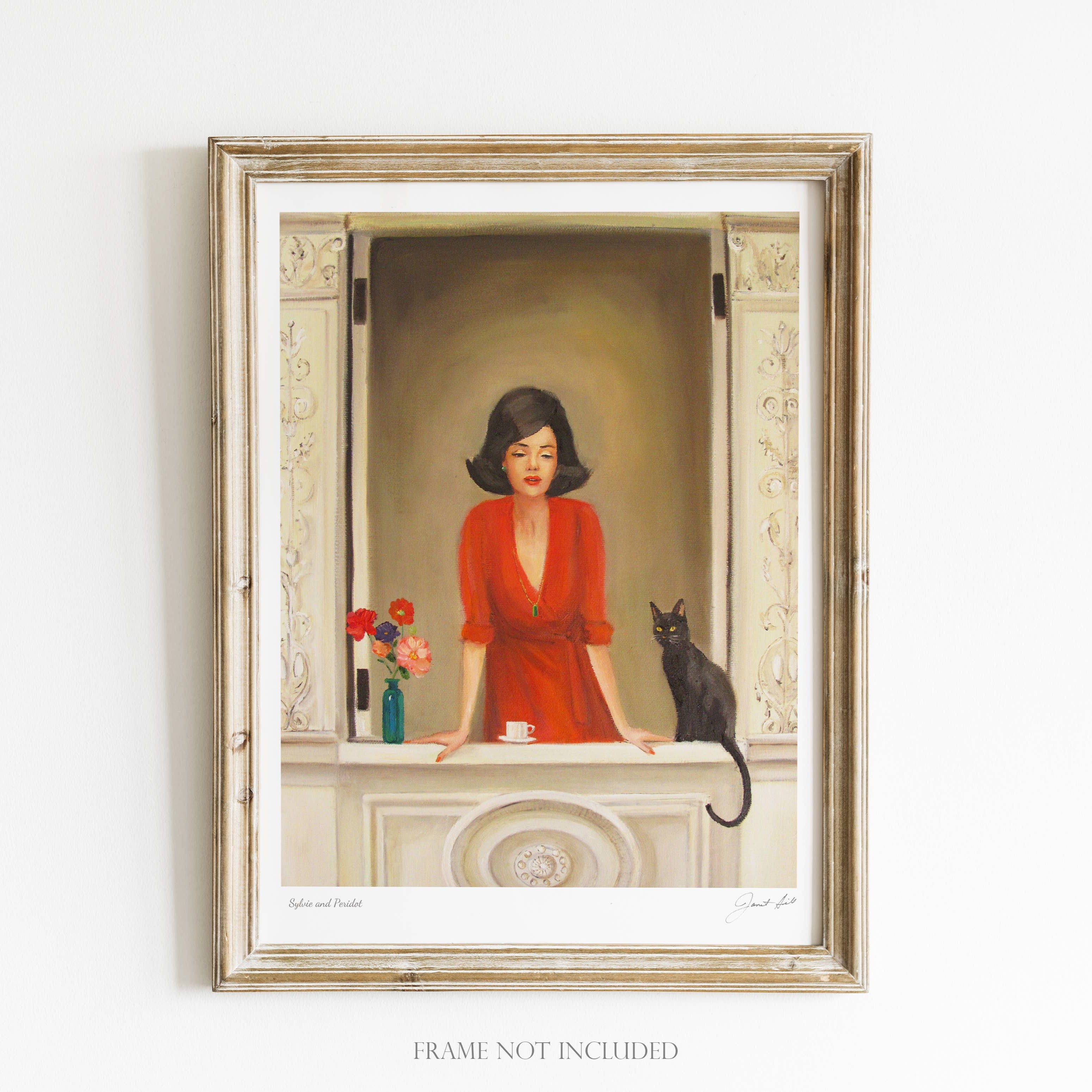 An art print featuring a woman in a red dress with a black cat on her lap, seated in a room with a window and a decorative mantelpiece.