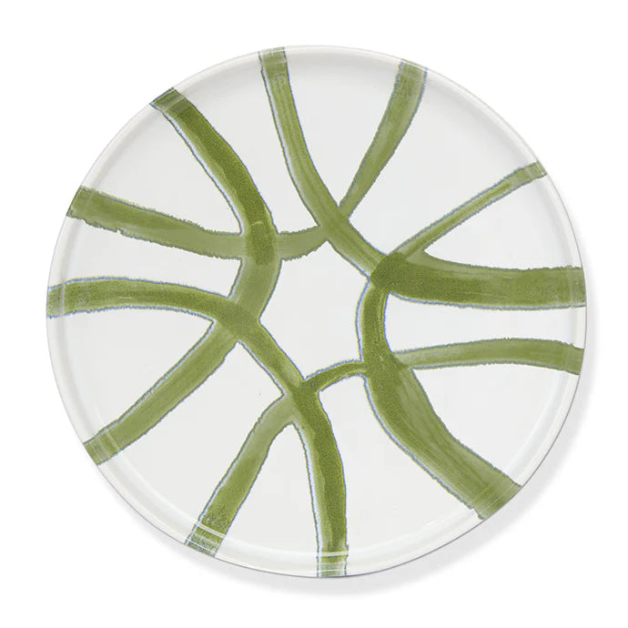 A round white plate featuring an abstract pattern of hand-painted olive green brushstrokes radiating from the center, shown against a plain white background.
