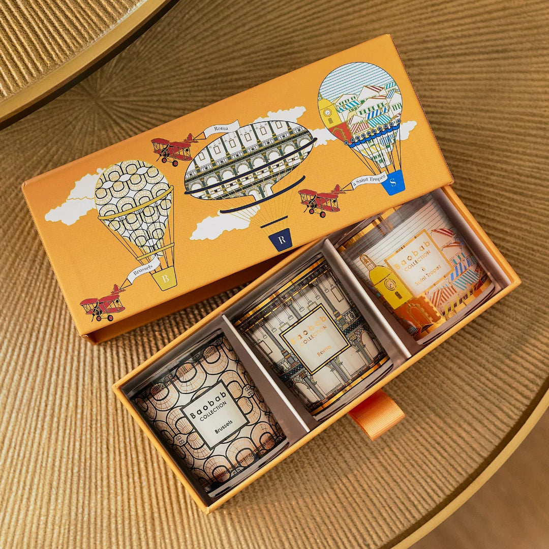 Collection Baobab - Trio Bougies de Voyage BRUXELLES-ROME-SAINT TROPEZ