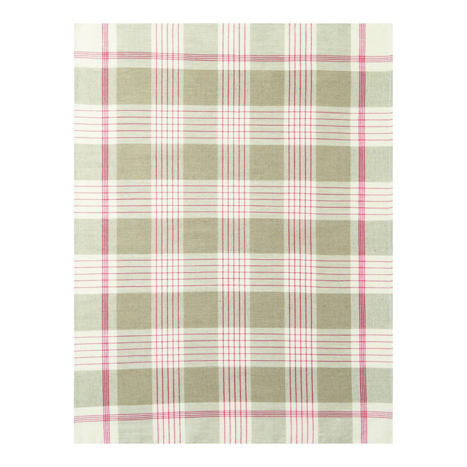 Plaid fabric with natural, red, and white pattern on a white background