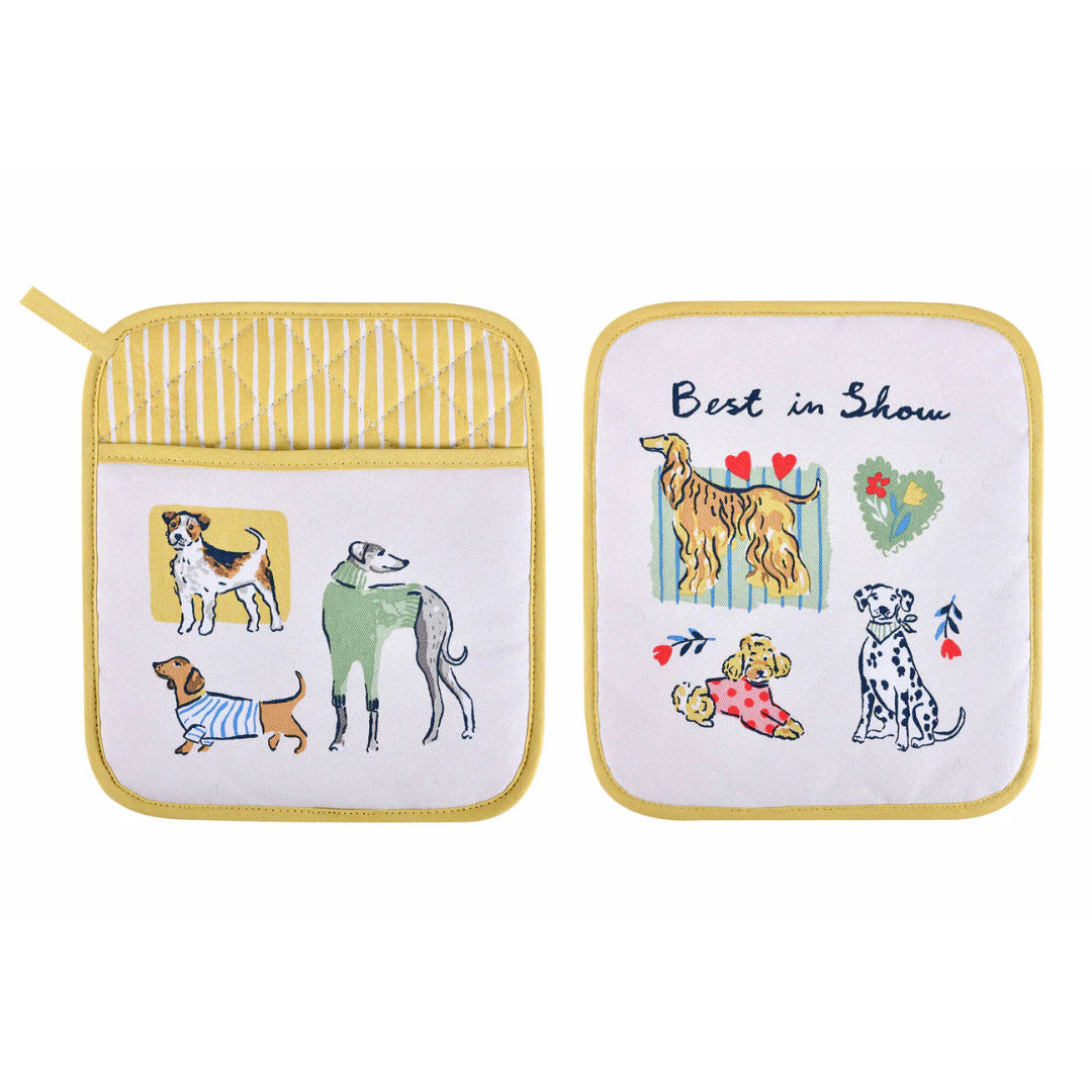 Two pot holders with dog illustrations on a white background