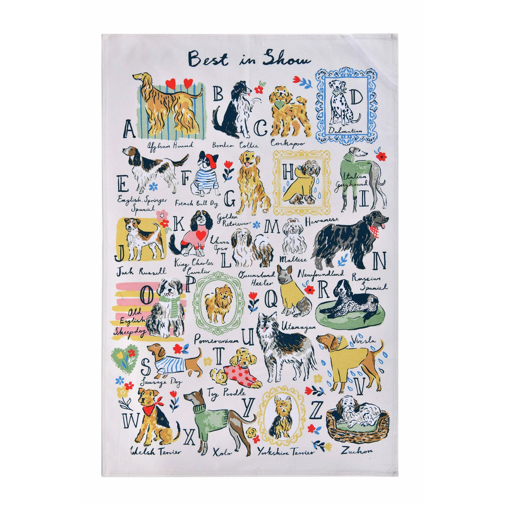 Tea towel with a colorful alphabet of dog breeds on a white background
