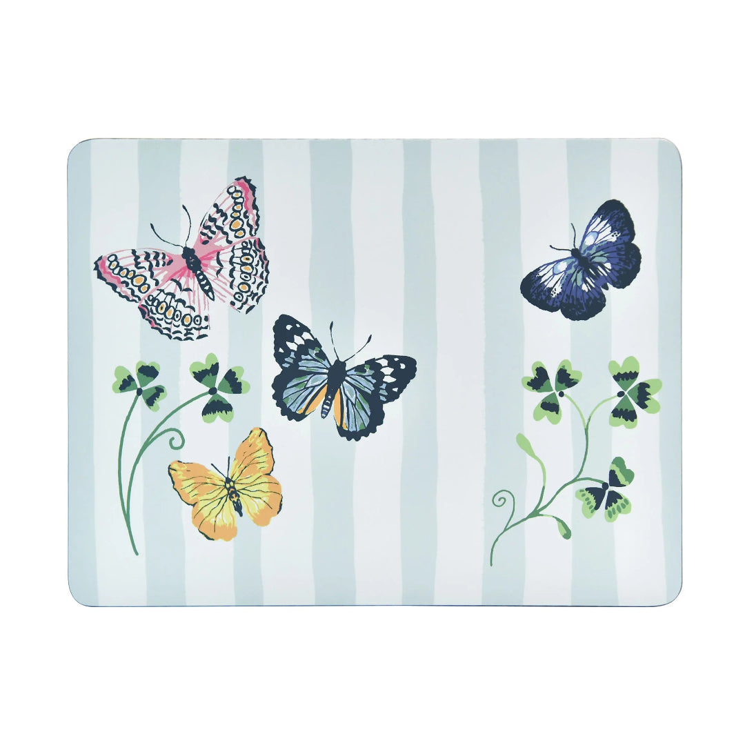 Placemat with butterfly and flower design on a striped background