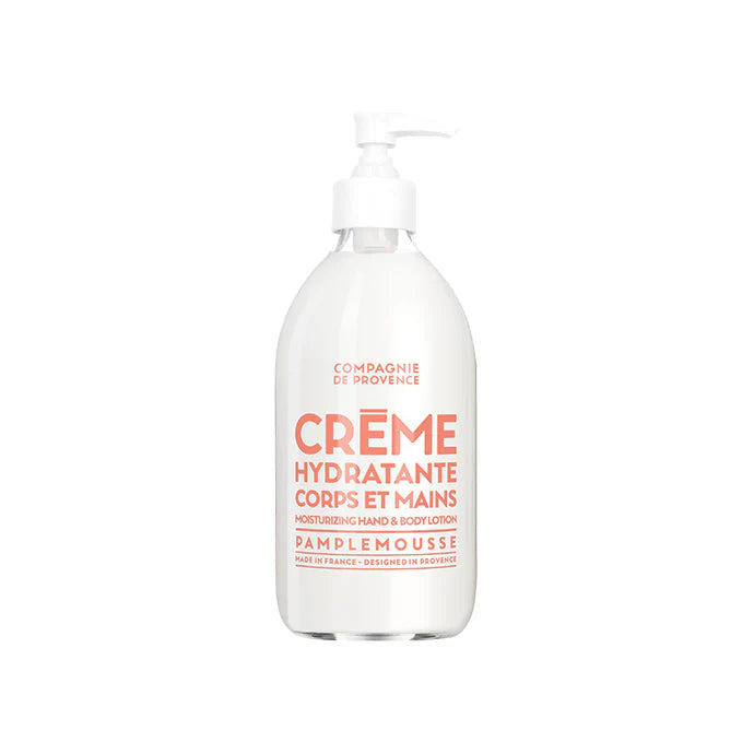 White bottle of Compagnie de Provence hand and body lotion with pink text on a white background