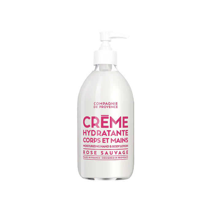 Hydrating hand and body lotion bottle with pink text on a white background