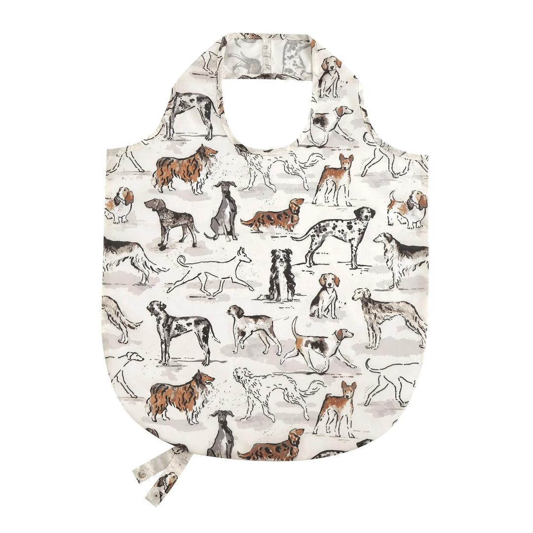 A tote bag with a pattern of dogs on a white background