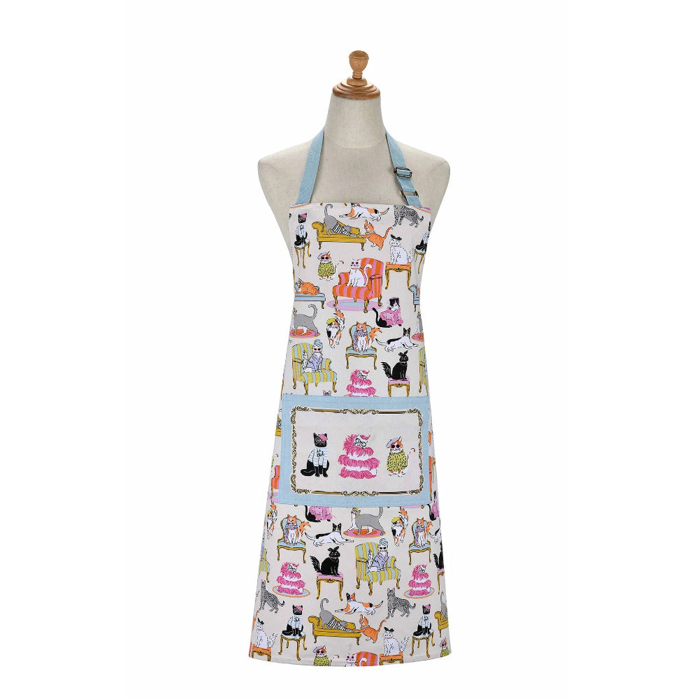 A cotton apron featuring a colorful pattern with cats.