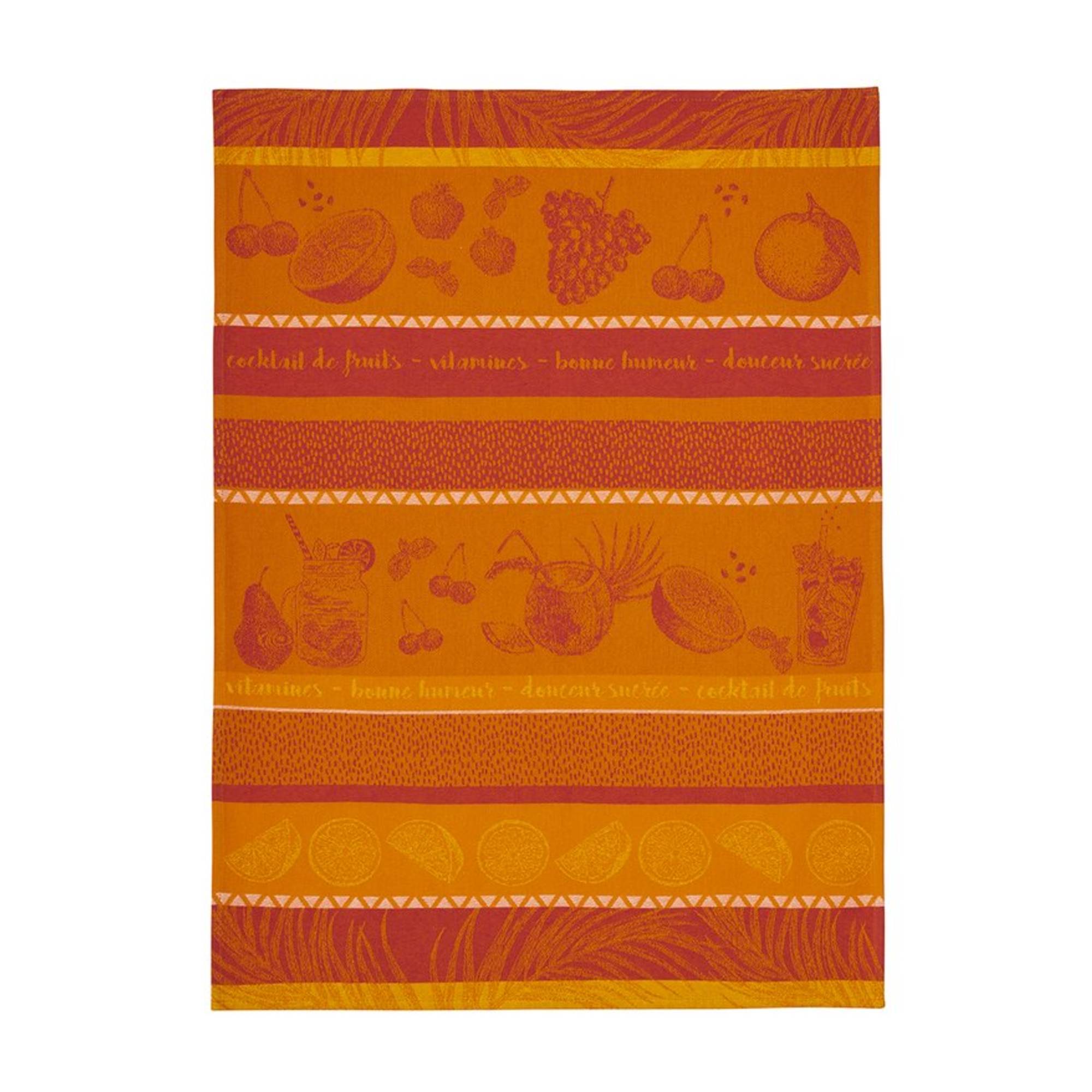 Orange fabric with fruit pattern and text on a white background