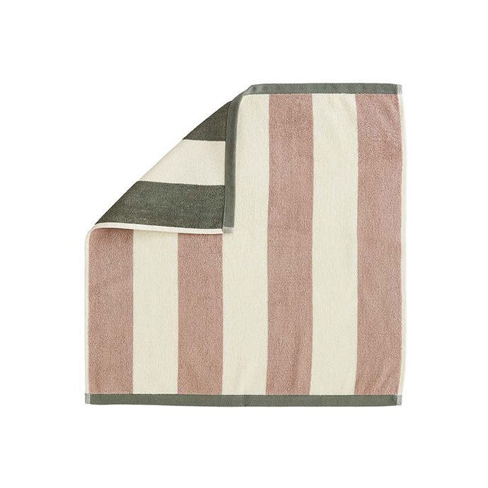 A folded striped tea towel with vertical bands in beige, pink, and green colors.