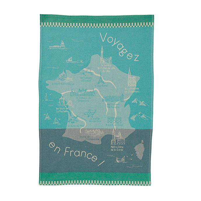 A blue and turquoise cotton tea towel with a map of France design and text 'Voyagez en France!' on it.