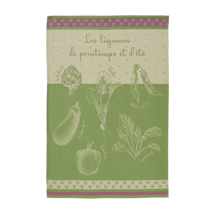 A green cotton tea towel with vegetable illustrations and text related to gardening.