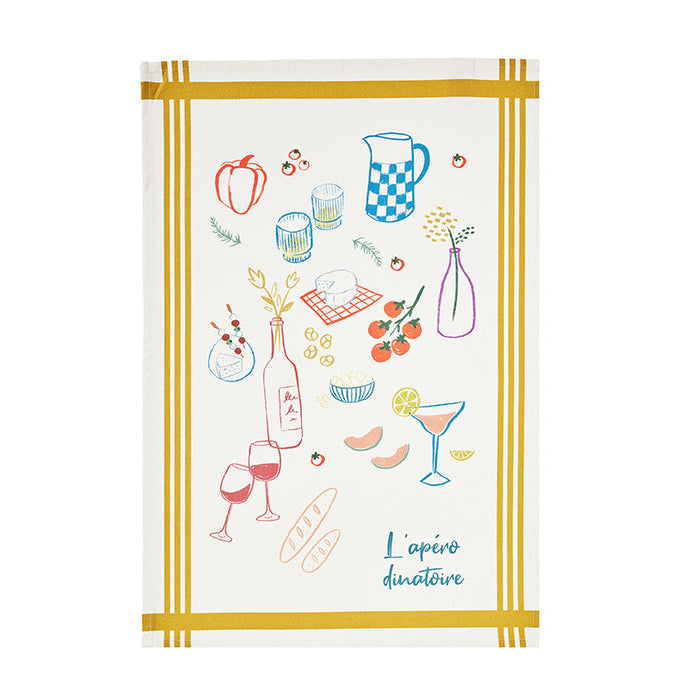 Tea towel with apéro-themed illustrations on a white background