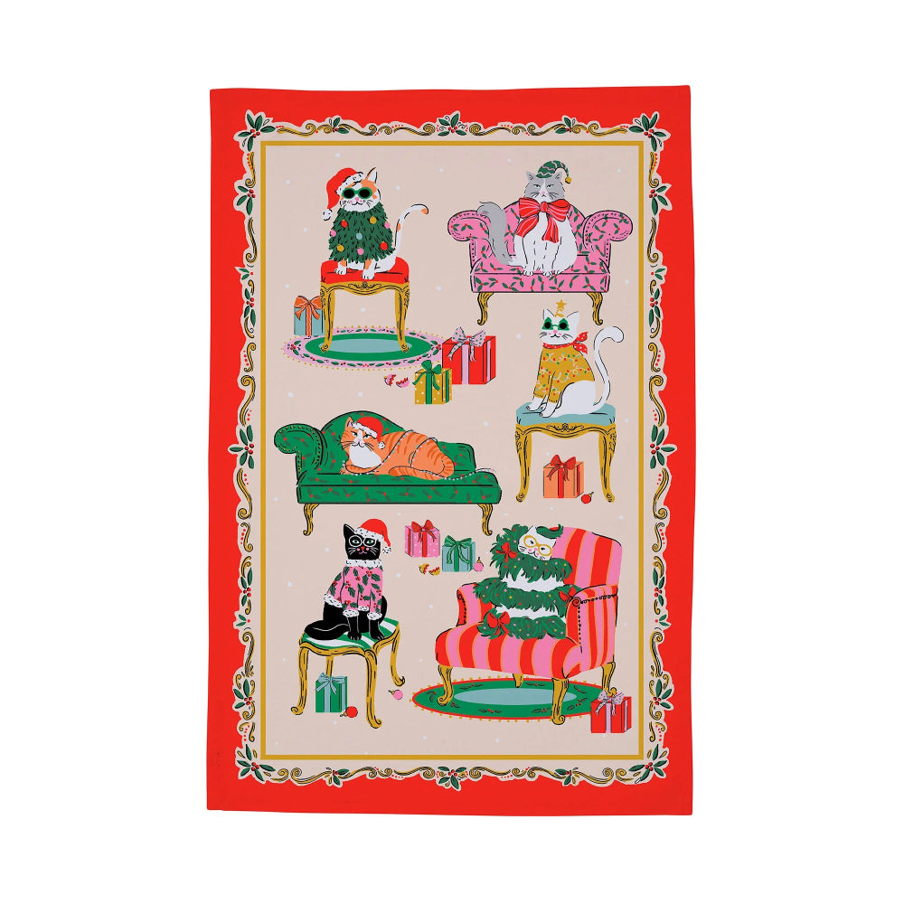 Decorative tea towel with Christmas-themed cats on a red border
