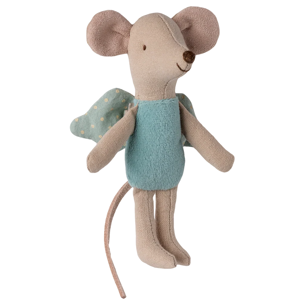 Stuffed mouse toy with a light blue dress on a white background
