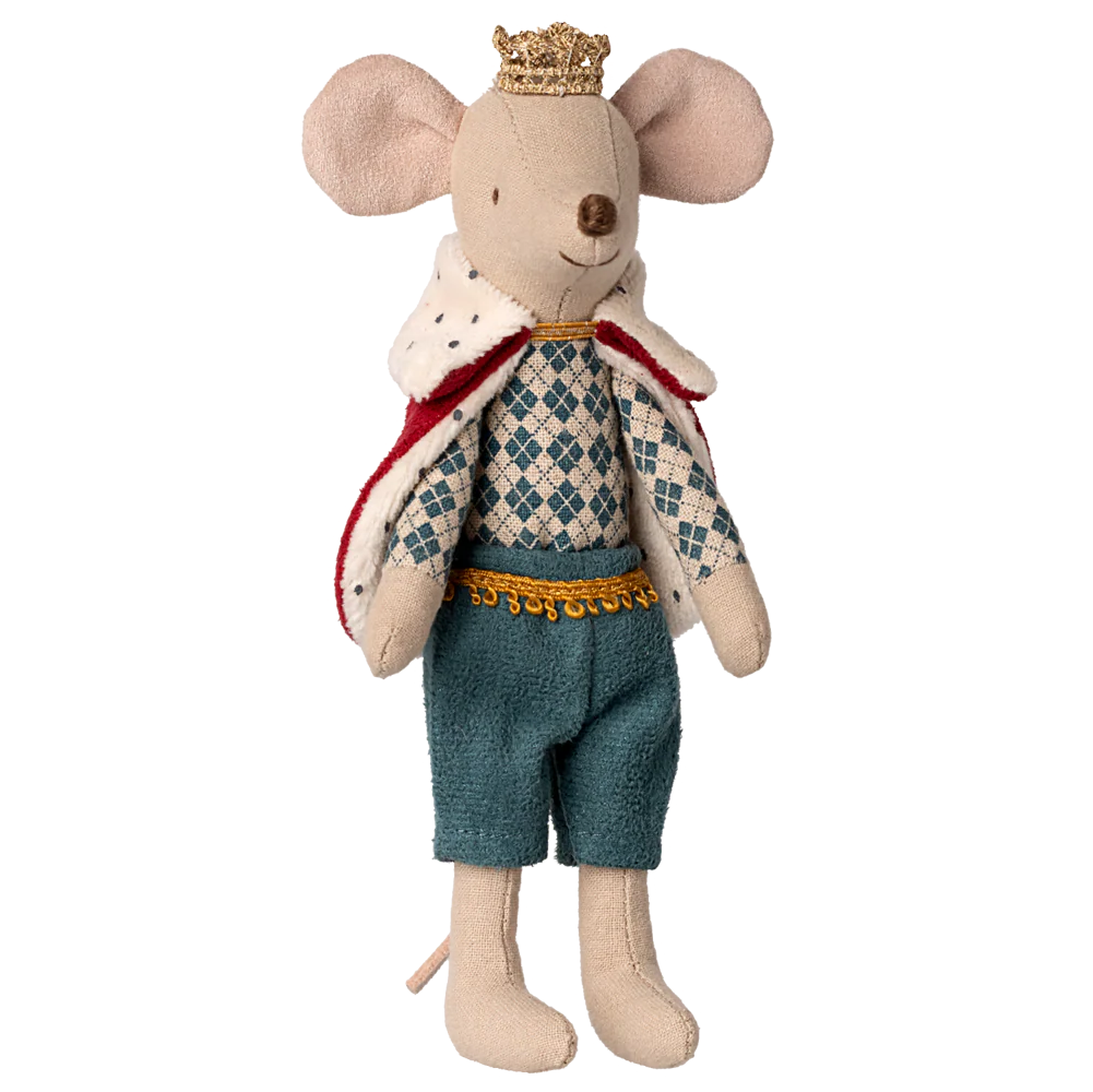 Stuffed toy mouse in royal attire with a crown on a white background