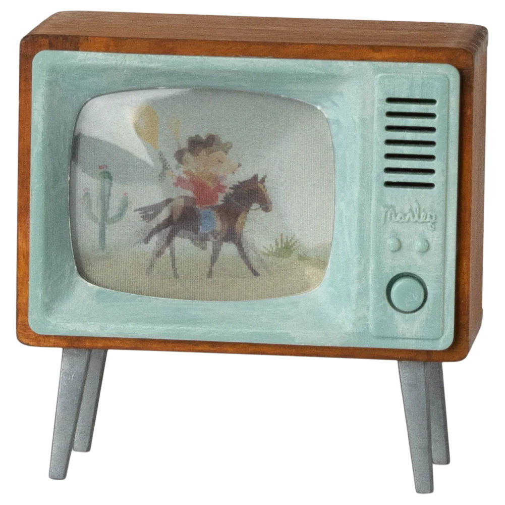 Vintage-style toy television with a cowboy on a horse screen