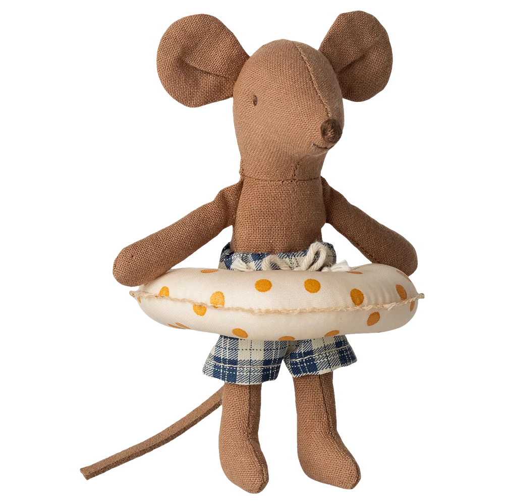 Stuffed mouse toy with a life saver and shorts on a white background