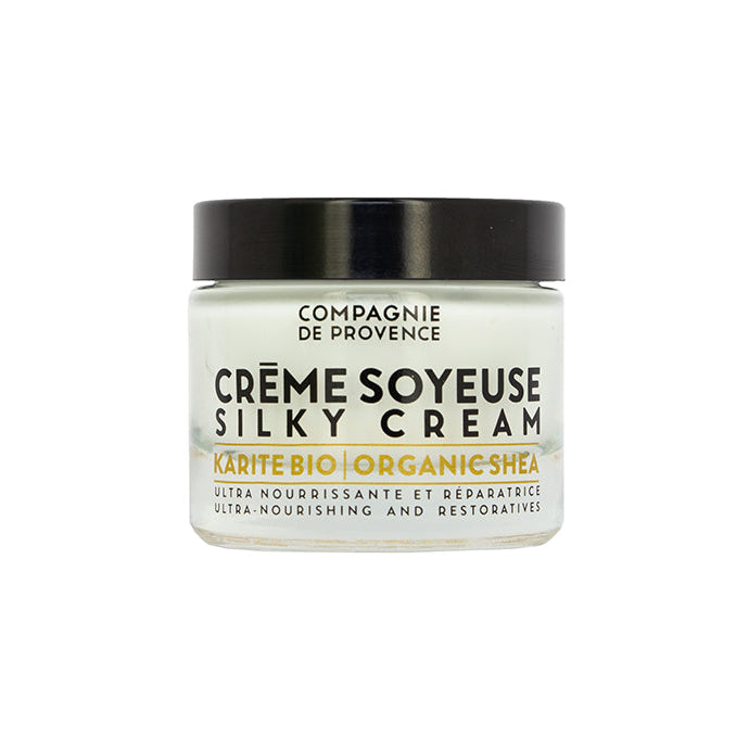 A jar of Compagnie de Provence Nourishing Silky Face Cream with the label showing the product name and organic shea butter designation.