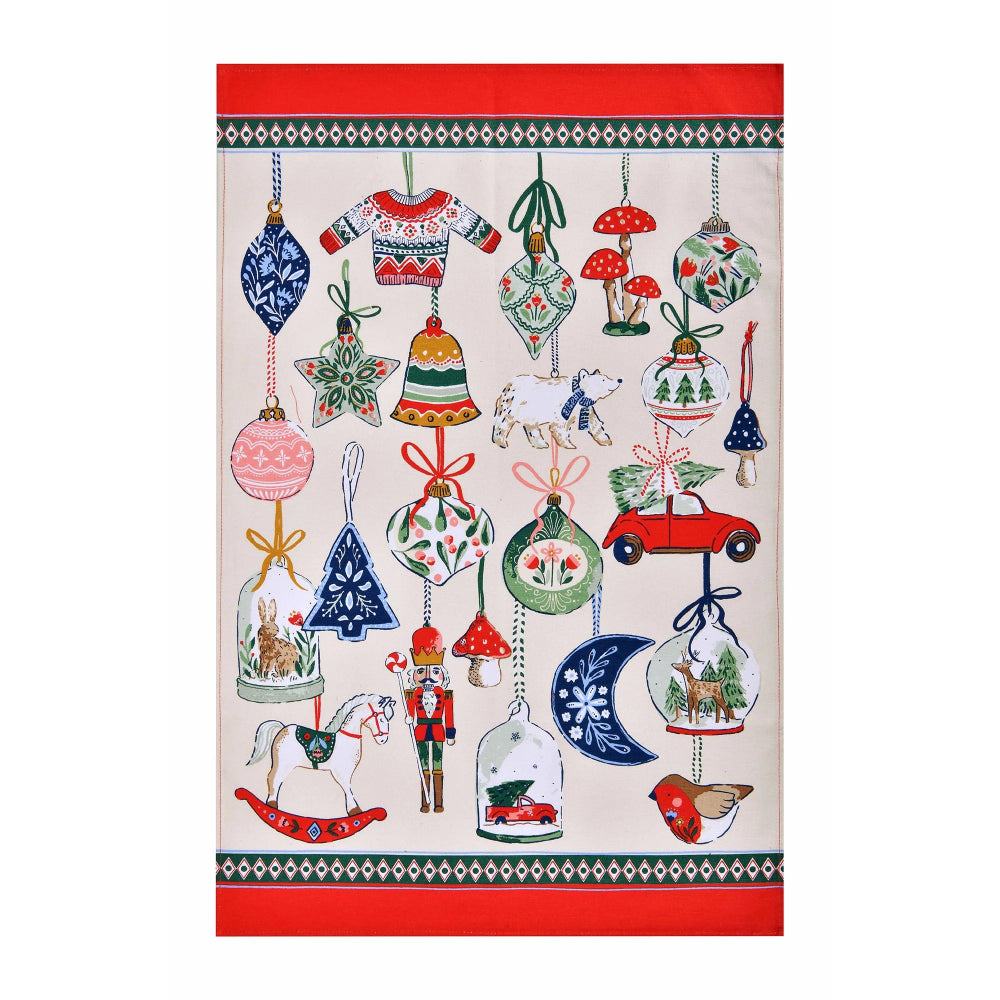 Decorative tea towel with Christmas-themed designs on a white background