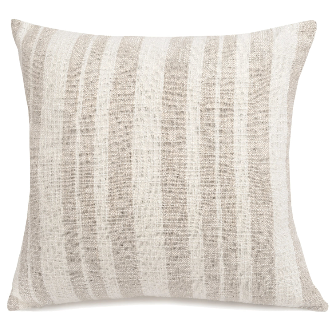 Two rectangular striped pillows in beige and white colors, with a zip closure.