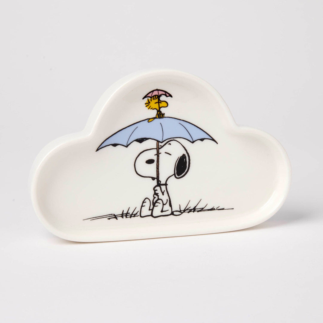 Cloud-shaped dish with Snoopy and Woodstock illustration holding an umbrella on a white background
