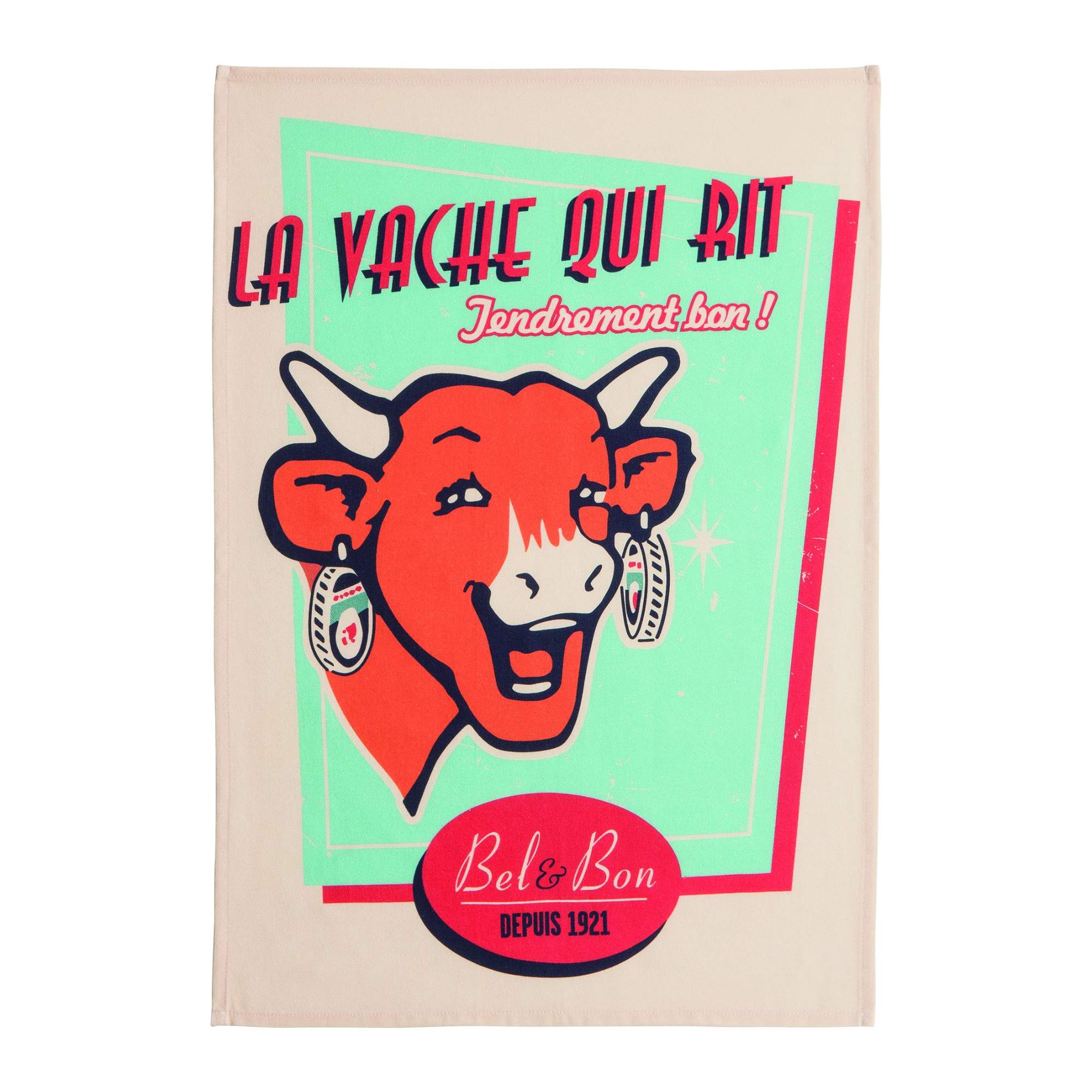 Product packaging with a cow illustration and text on a beige background