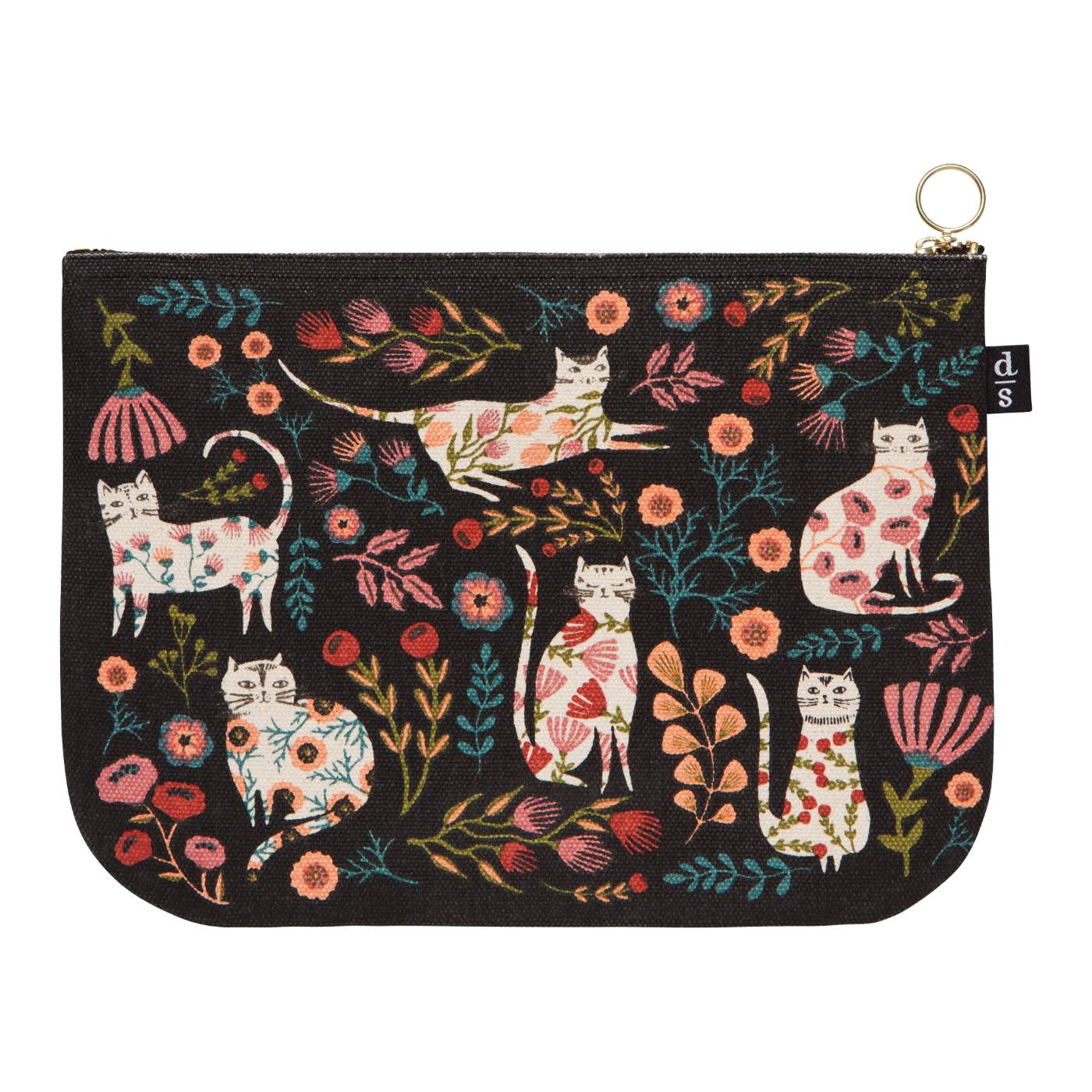 Pouch with cat and floral pattern on a black background