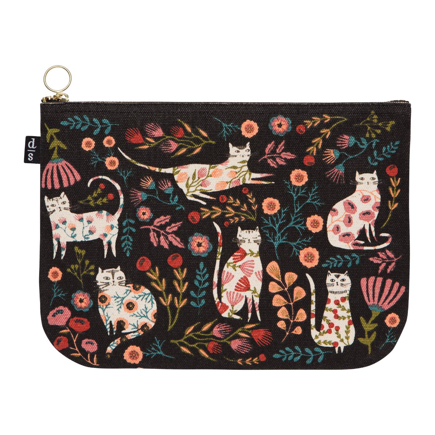 Black pouch with colorful cat and floral pattern on a white background