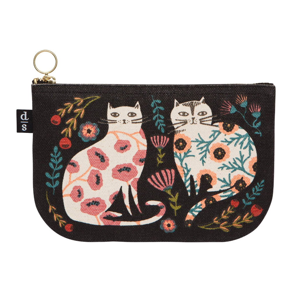 Pouch with floral cat design on a black background