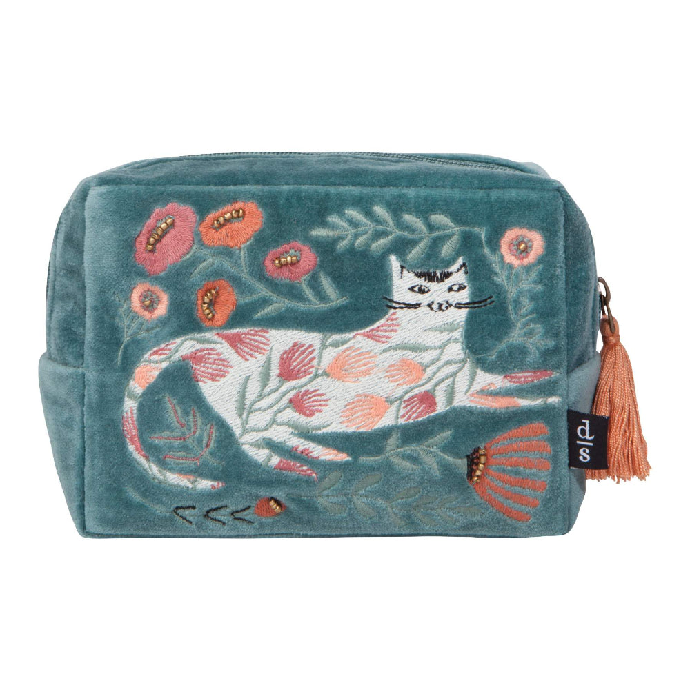 Embroidered pouch with cat and floral design on a teal background