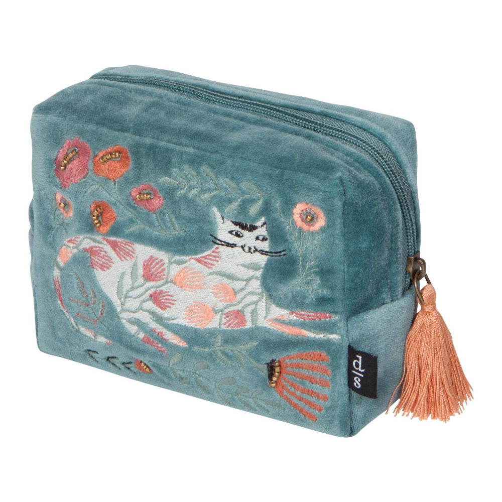 Embroidered pouch with cat and floral design on a teal background