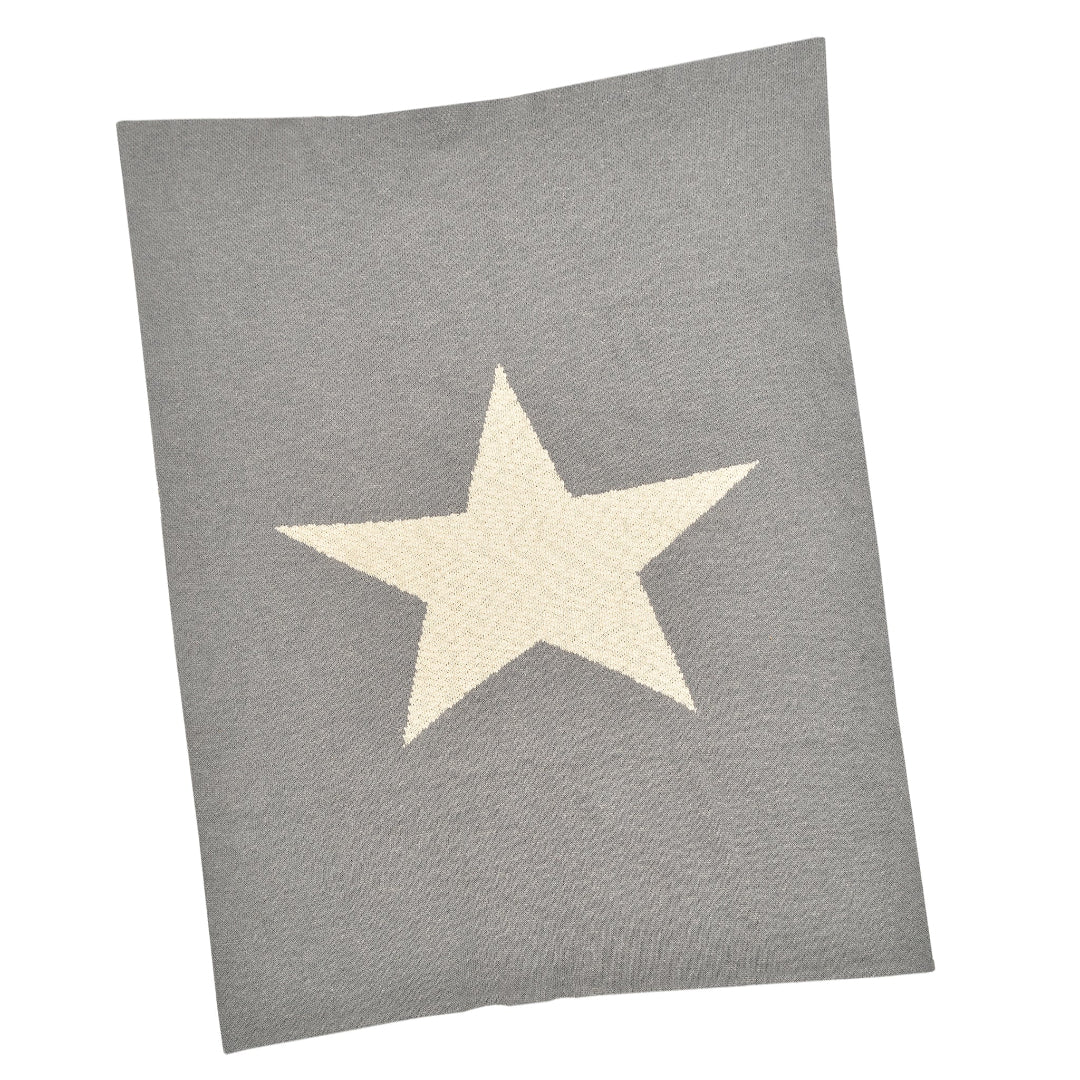 A gray cotton baby blanket with a large white star in the center.