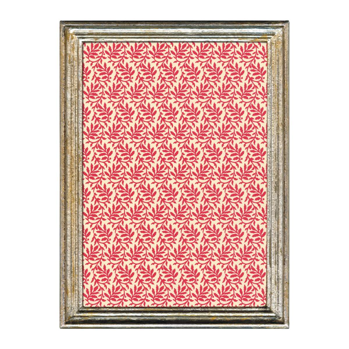 Framed artwork with a red leaf pattern on a white background