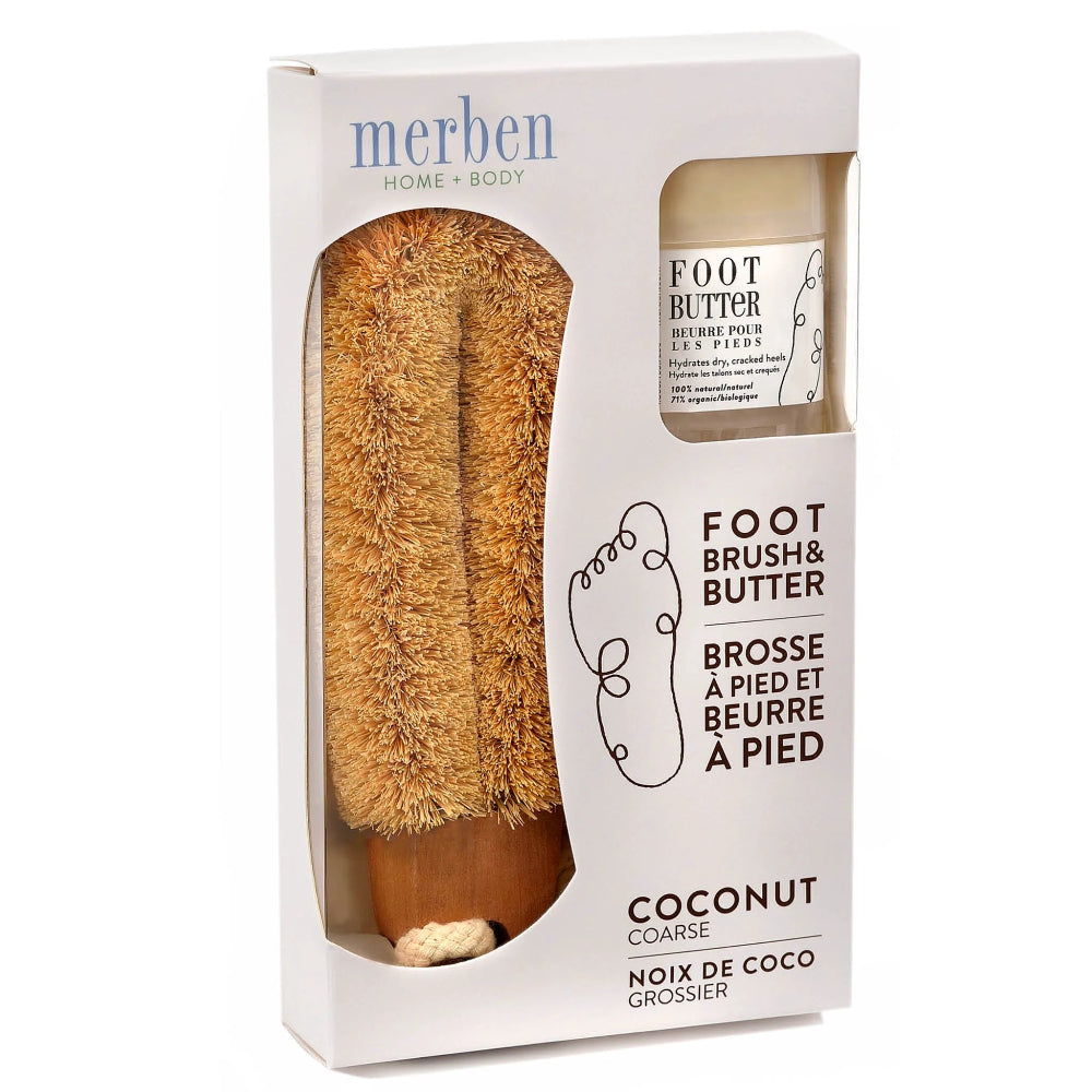 Packaging of Merben Coconut Brush and Foot Butter set showing a beige foot brush and a jar of foot butter, with product information and branding.