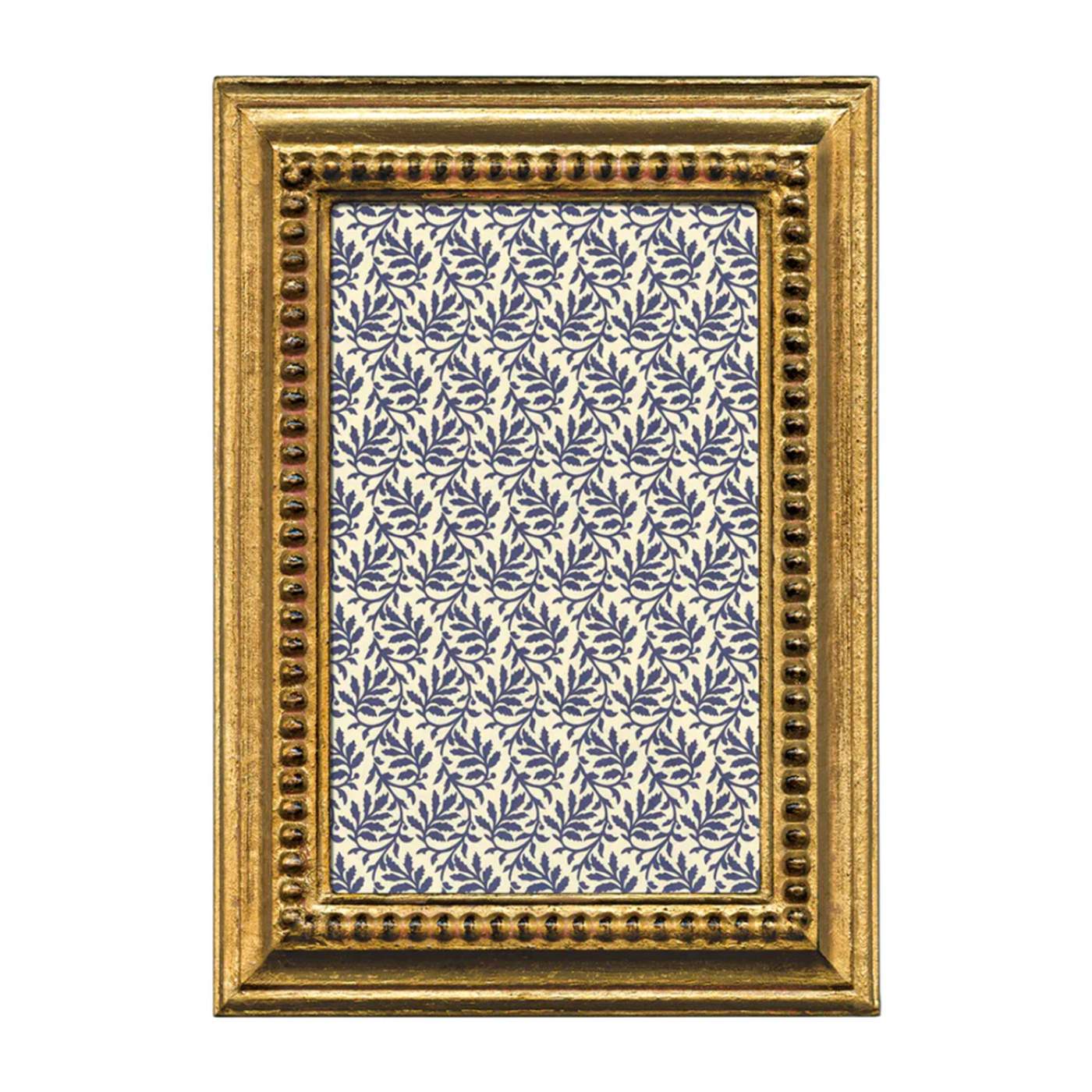 Decorative gold frame with a blue and white patterned interior on a white background