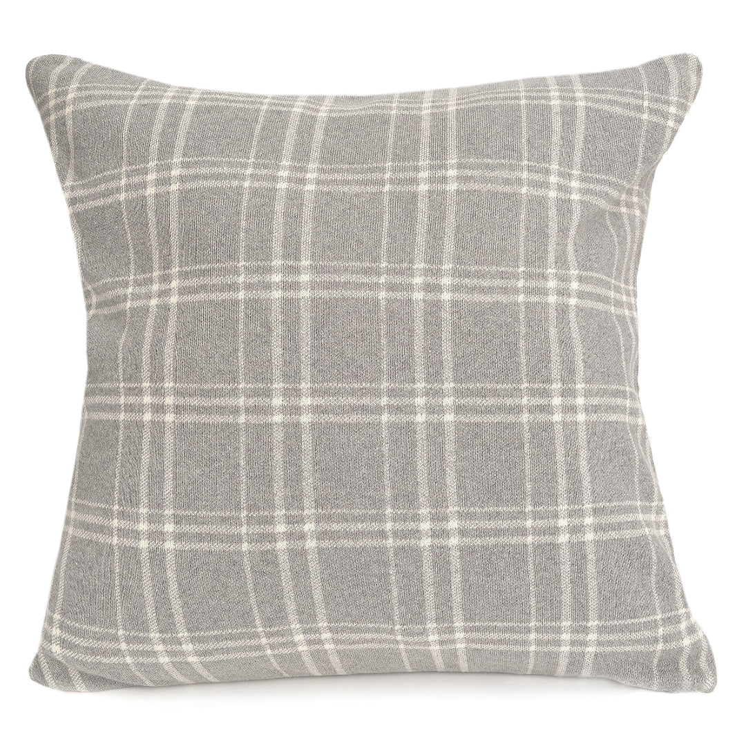 A gray plaid throw pillow without an insert.