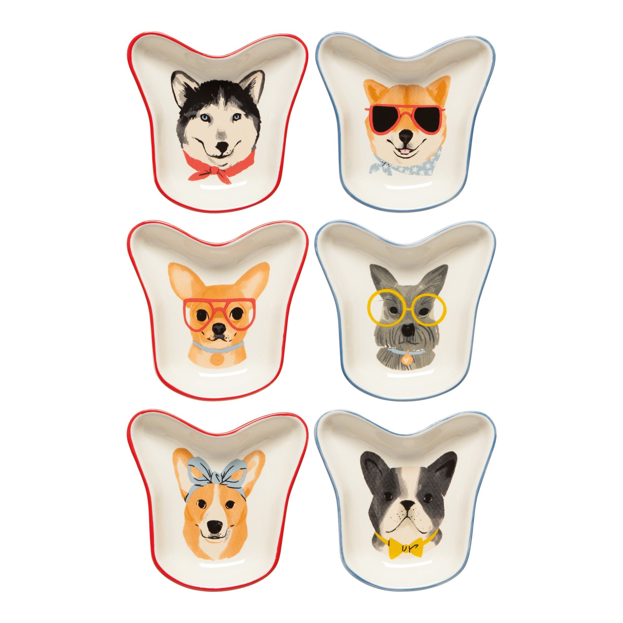 Six small dishes with dog illustrations on a white background