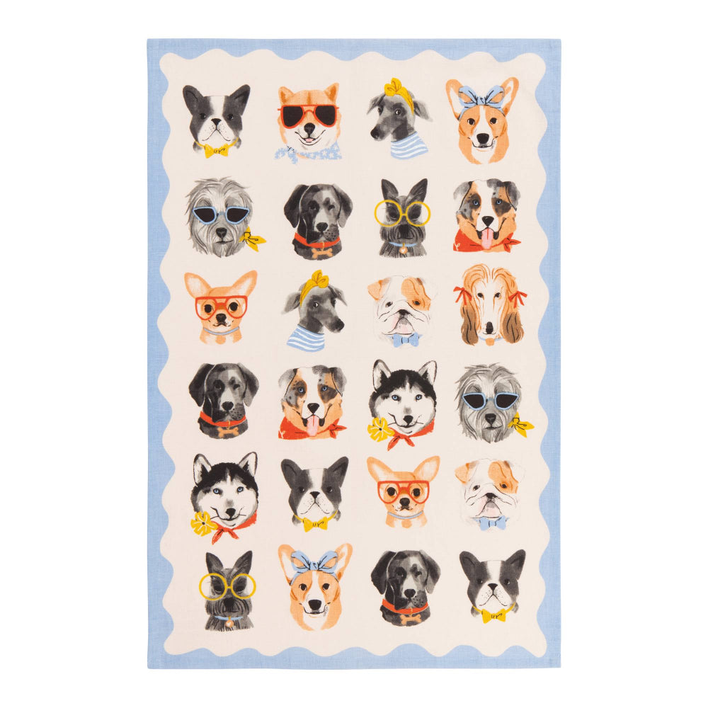 Sheet of stickers with illustrated dogs wearing various accessories on a light blue background