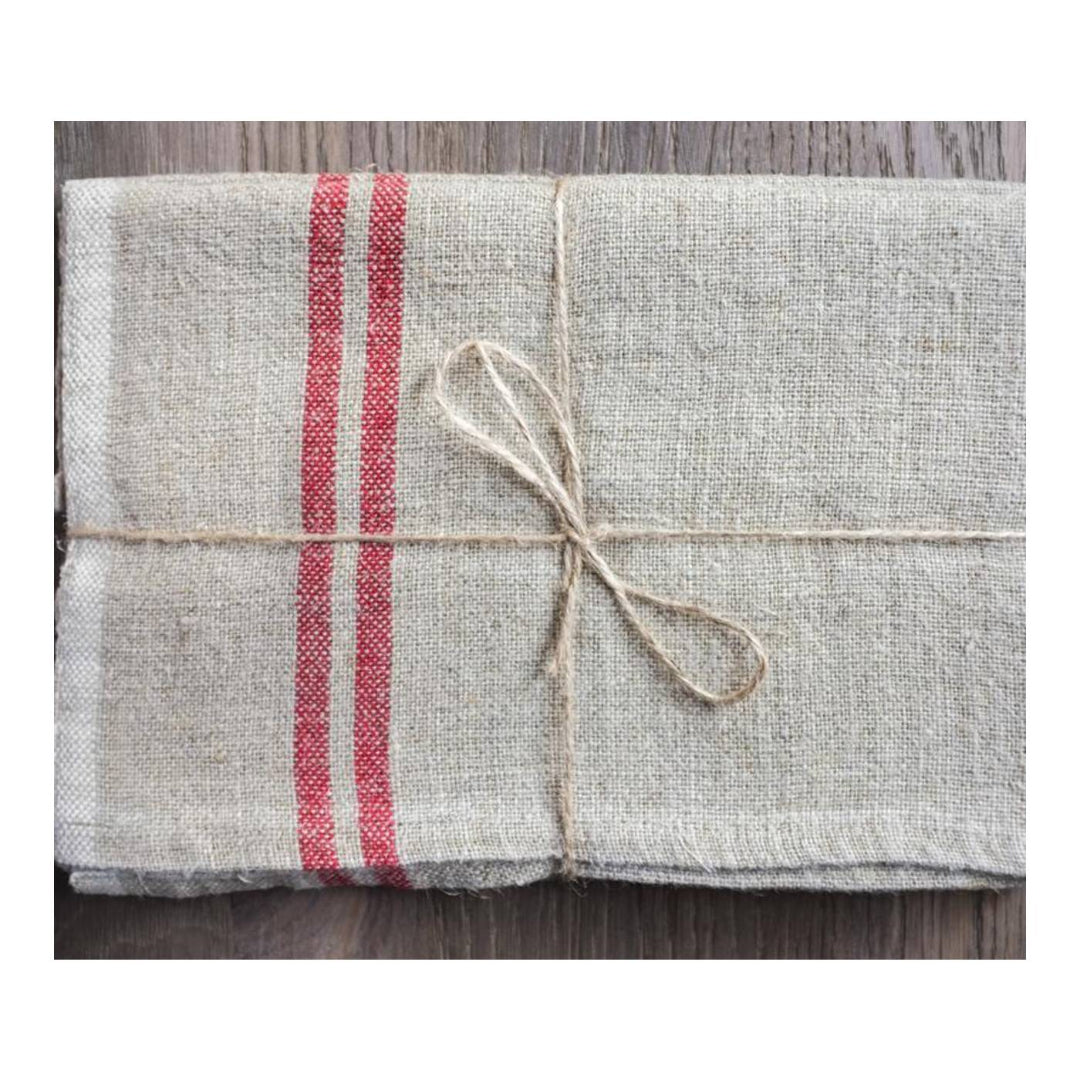Torchon vintage en lin naturel/rouge